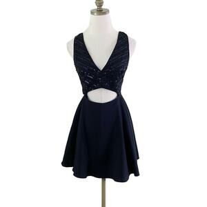 Bebe Black Sleeveless Skater Dress V-Neck Sequin Accents Cut Out Low Back Size 2